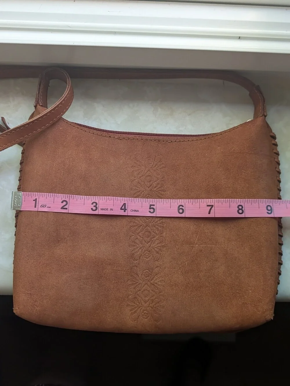 Wilsons Leather Maxima Brown Suede with Floral Detail Crossbody Purse